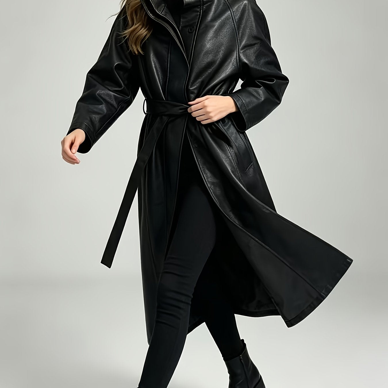 Effortless Black Faux Leather Trench Coat for Women with Stand Collar Long Sleeve Tie Belt Relaxed Style