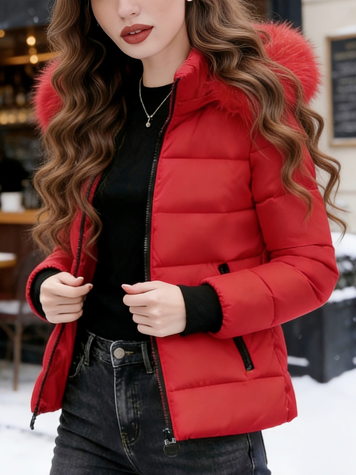 Cozy Red Puffer Ski Jacket for Women with Faux Fur Hood Long Sleeve Zip Front Quilted Style