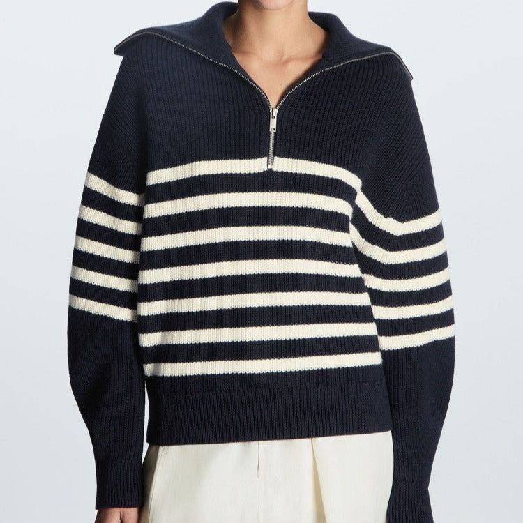 Cozy Striped Quarter-Zip Knit Sweater for Women with Funnel Collar Long Sleeve Ribbed Pullover Style