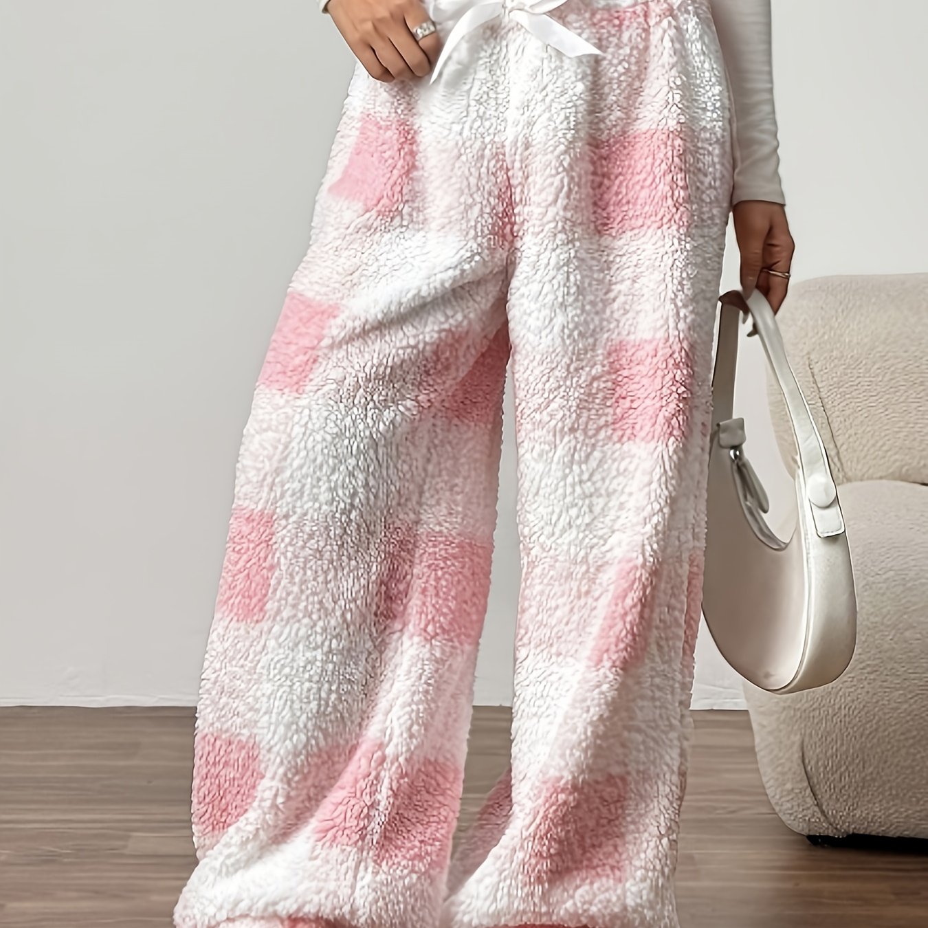 Cozy Plaid Plush Sweatpants for Women with Drawstring Waist Wide Leg Fleece Lounge Style