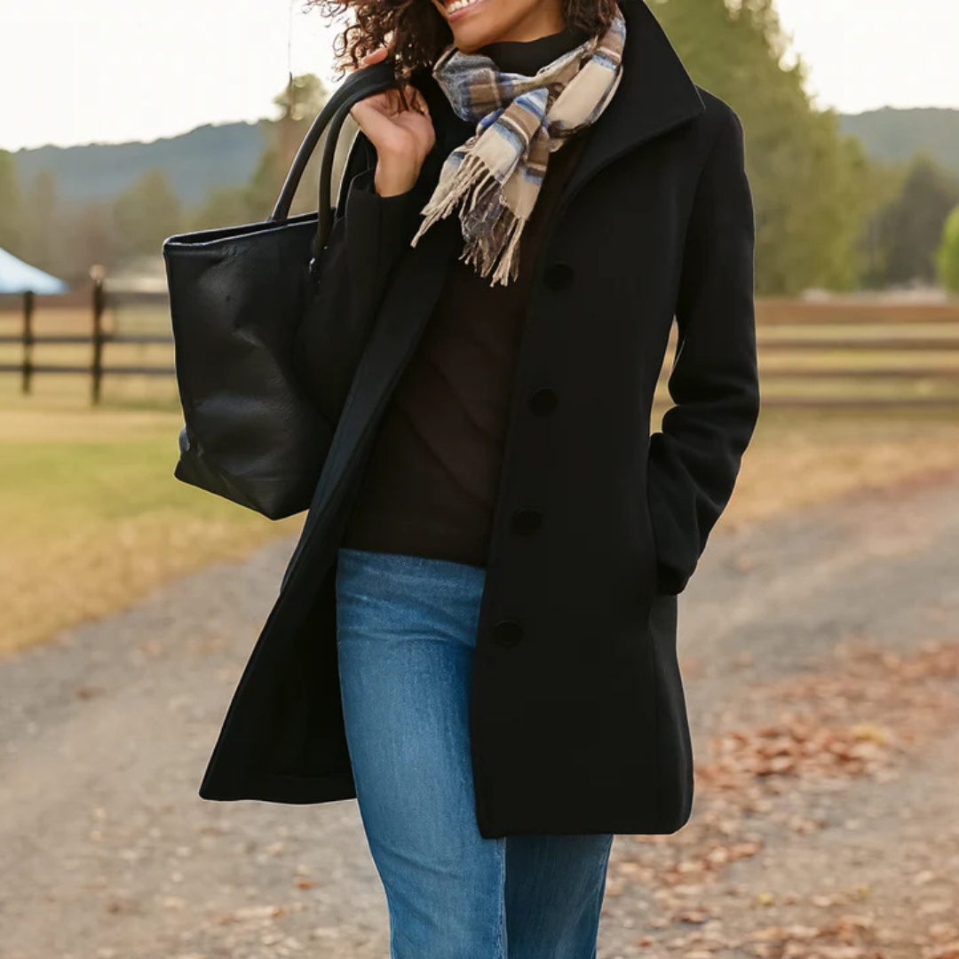 Elegant Wool Winter Coat for Women with Notch Collar Long Sleeve Button Front Tailored Style