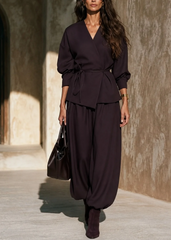 Elegant Dark Brown Two Piece Set for Women with V Neck Wrap Tie Waist Harem Pants Relaxed Style