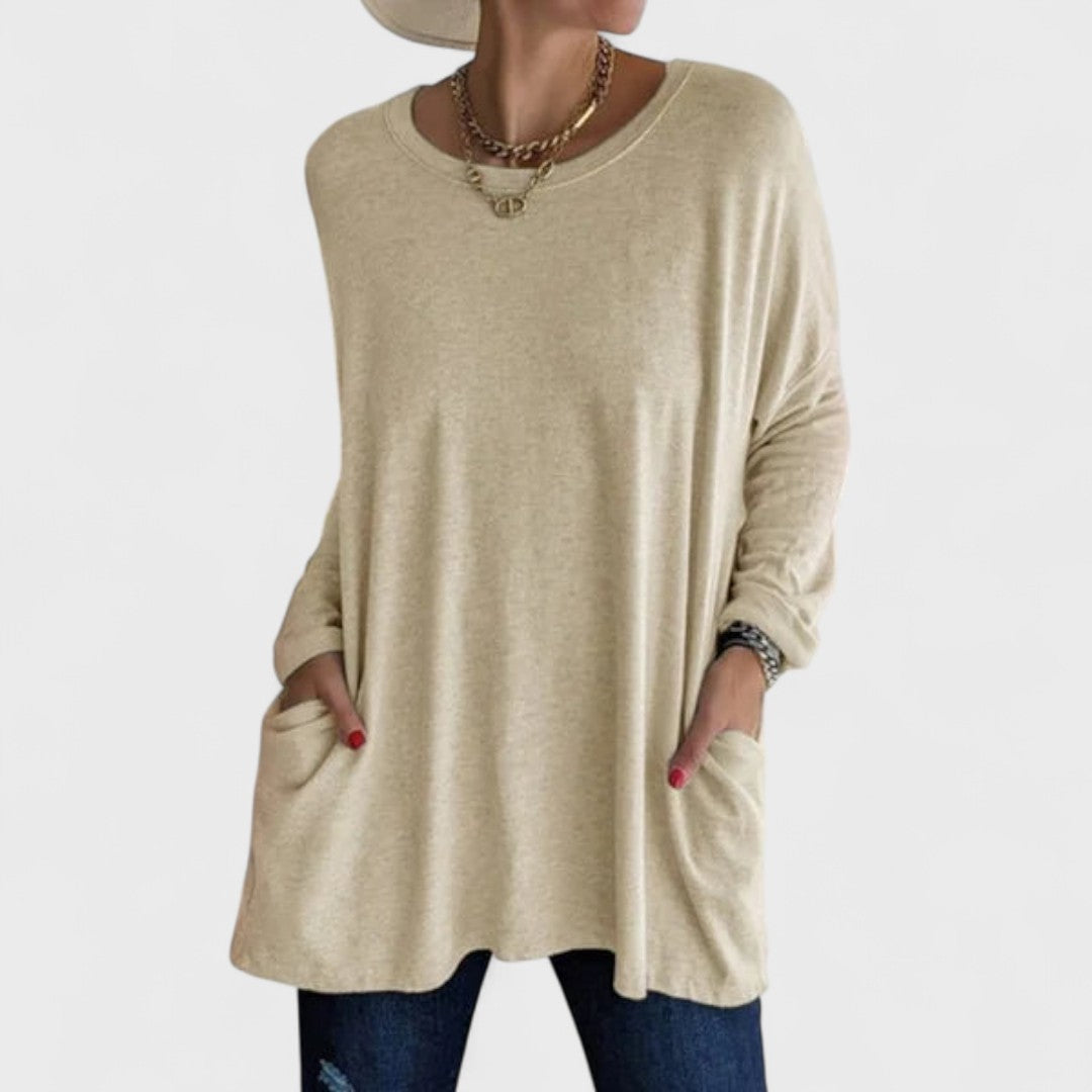 Comfortable Oversized Tunic for Women with Round Neck Long Sleeve Relaxed Pocket Casual Style