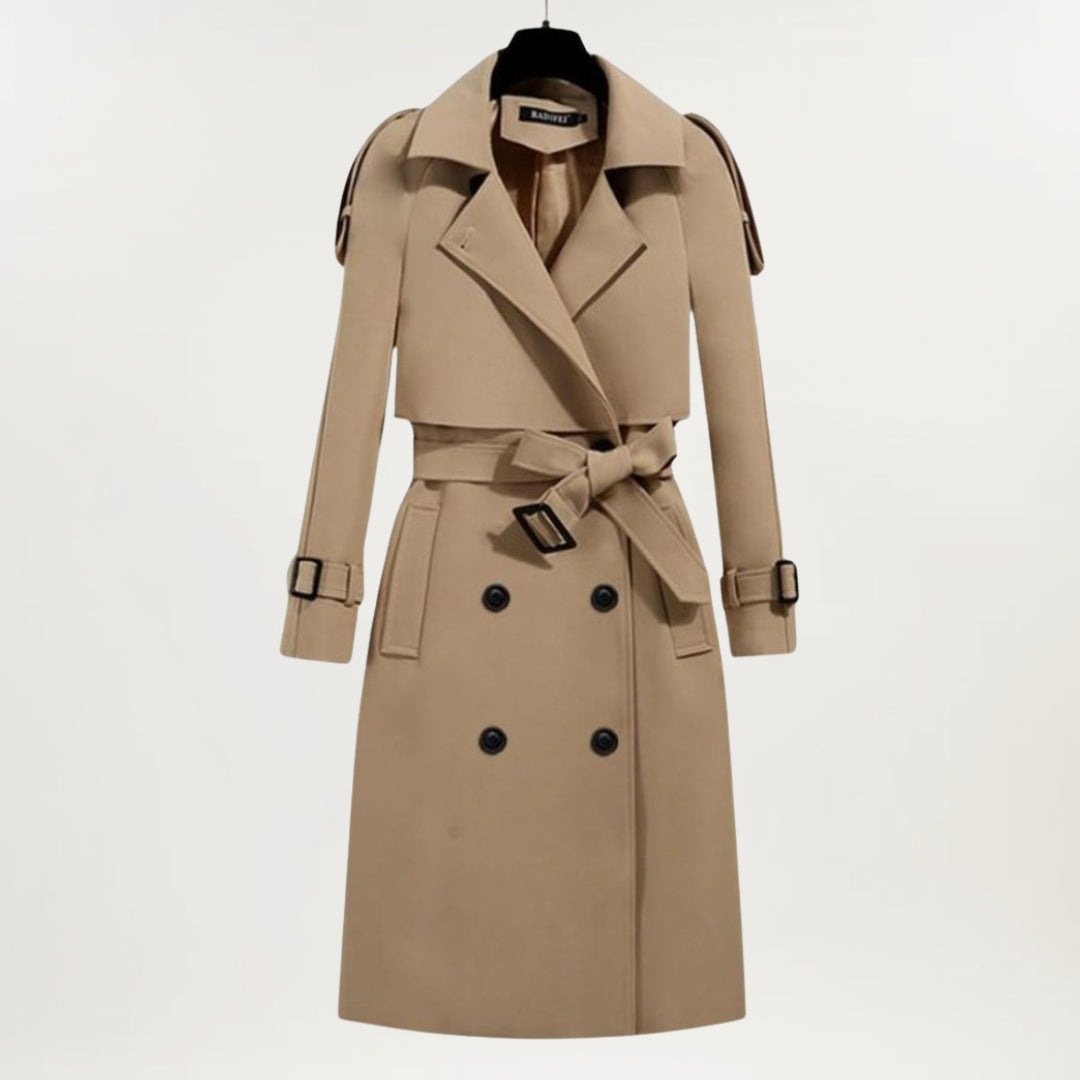 Elegant Longline Winter Trench Coat for Women with Lapel Collar Long Sleeve Belted Double Breasted Style