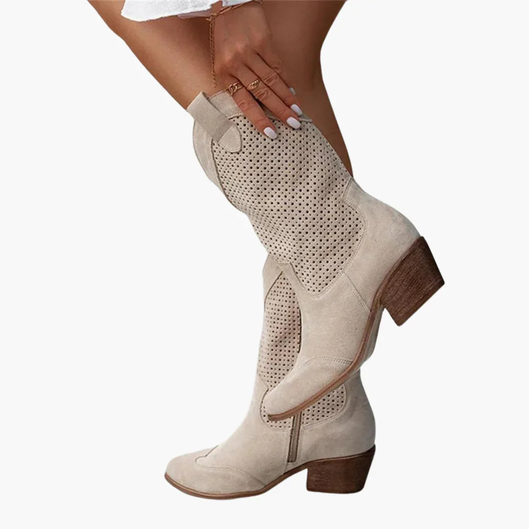 Stylish Perforated Leather Women's Boots for Women with Pointed Toe Block Heel Western Cowboy Style