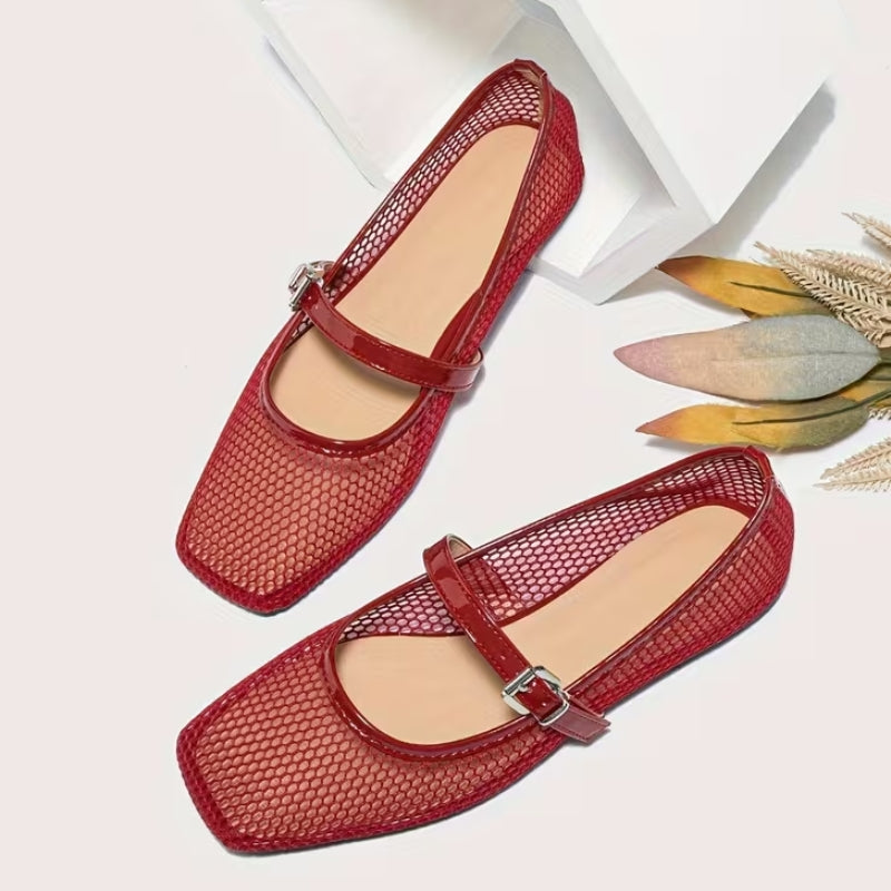 Comfortable Mary Jane Shoes for Women with Square Toe Mesh Strap Flat Breathable Style