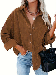Effortless Corduroy Long Sleeve Shirt for Women with Collar Button Front Oversized Relaxed Casual Style