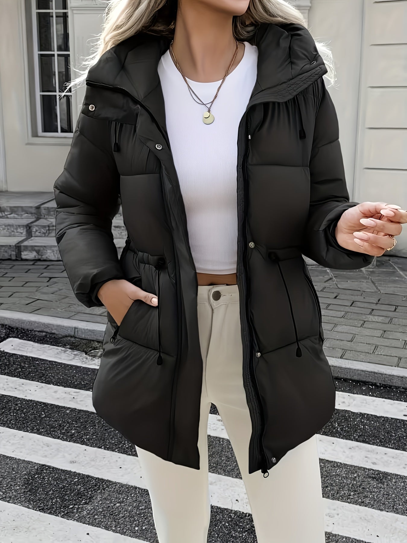 Cozy Quilted Ski Jacket for Women with Hooded Long Sleeve Drawstring Waist Zip Pocket Style