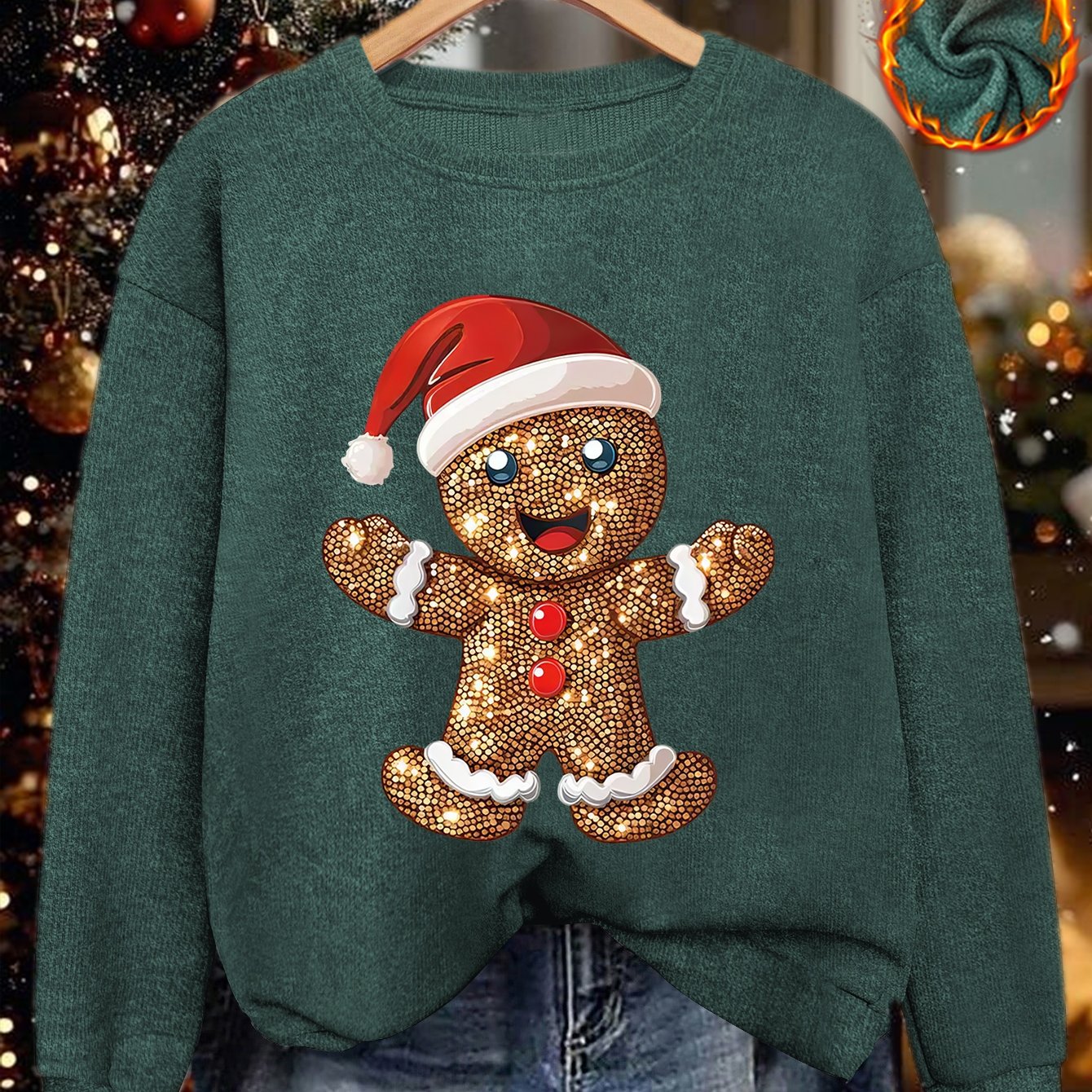 Comfortable Gingerbread Print Christmas Tacky Sweater for Women with Crew Neck Long Sleeve Sequin Graphic Pullover Style