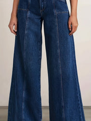 Effortless Blue Denim High Waisted Jeans for Women with Wide Leg Pintuck Seam Relaxed Style