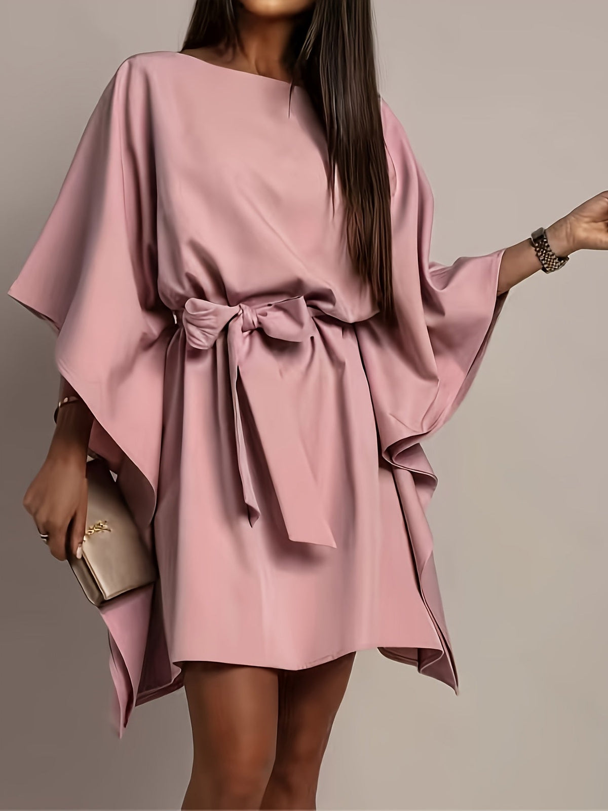 Elegant Light Pink Dress for Women with V Neck Batwing Sleeve Belted Flowing Style