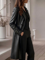 Elegant Black Faux Leather Trench Coat for Women with Notched Lapel Long Sleeve Double Breasted Belted Style
