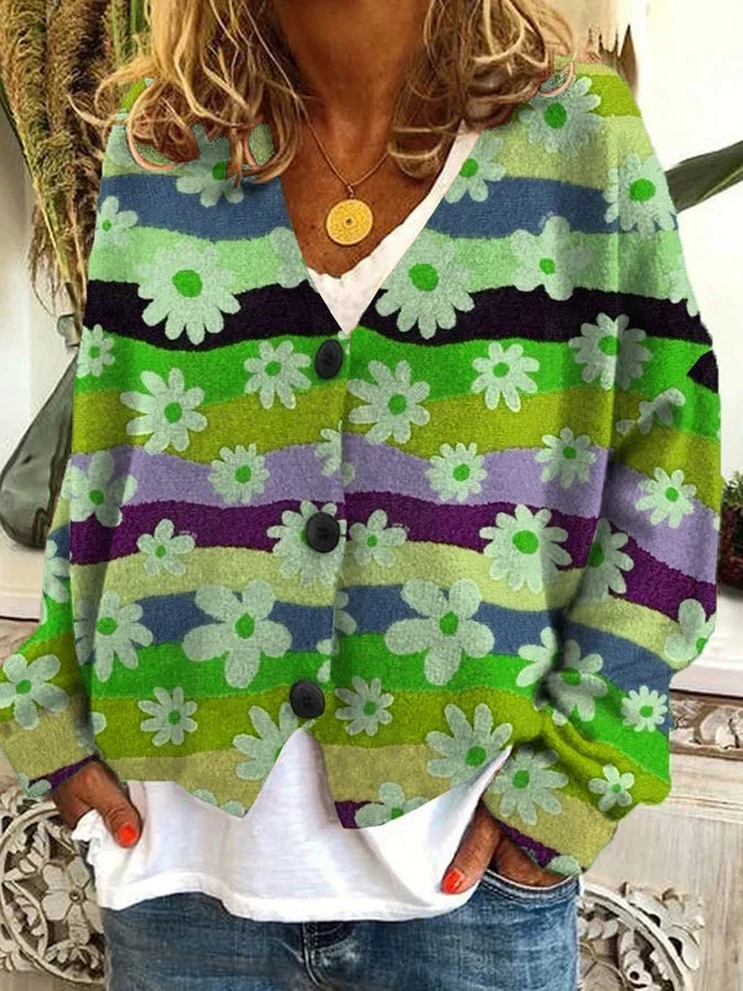 Cozy Floral Knit Cardigan for Women with V Neck Long Sleeve Striped Button Front Style