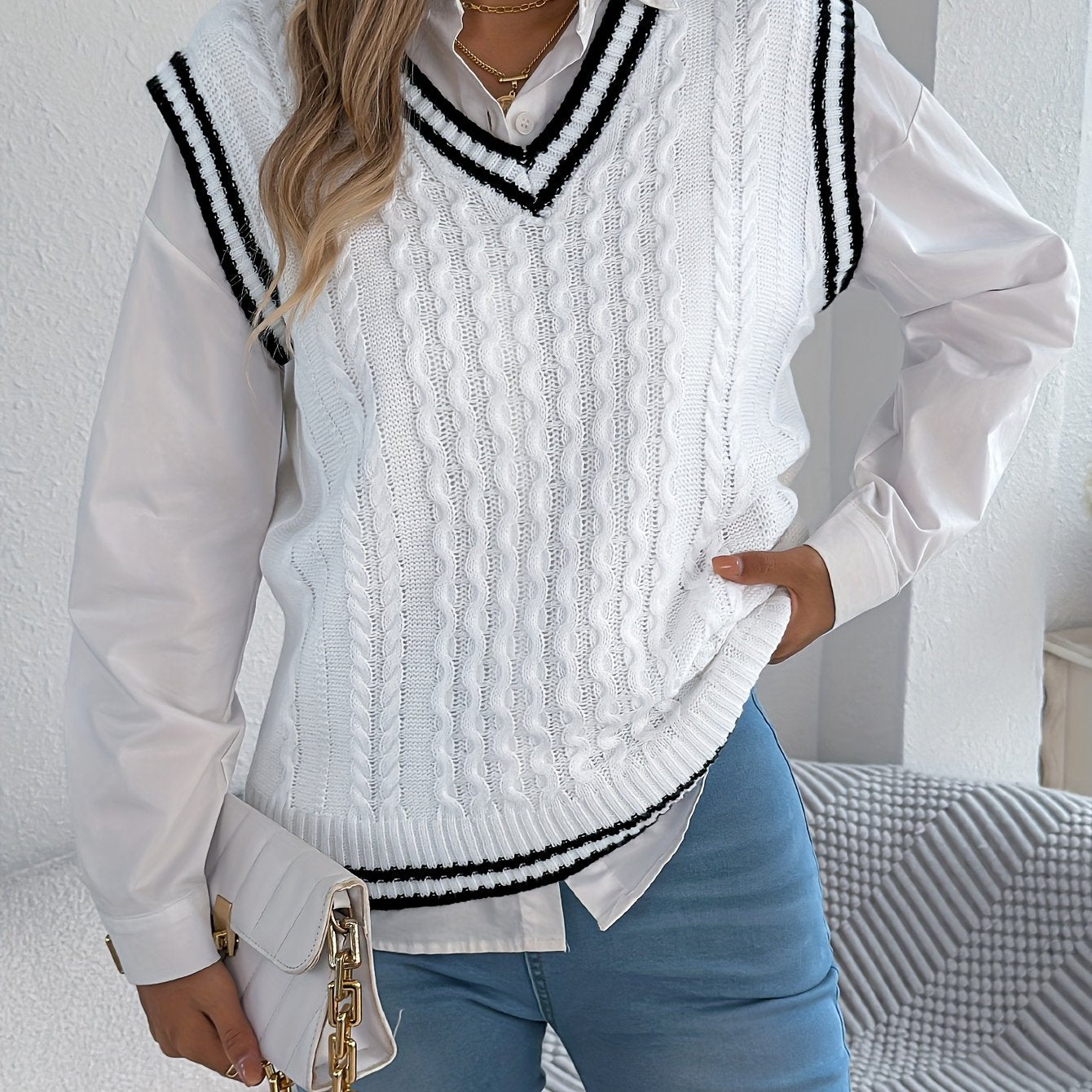 Chic Cable Knit Sweater Vest for Women with V Neck Sleeveless Varsity Stripe College Style