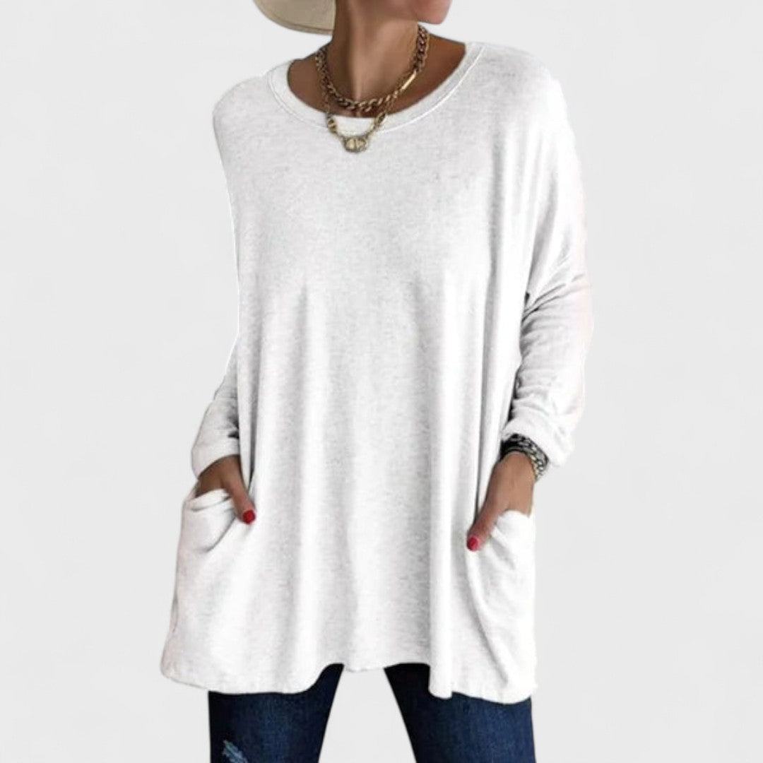 Comfortable Oversized Tunic for Women with Round Neck Long Sleeve Relaxed Pocket Casual Style