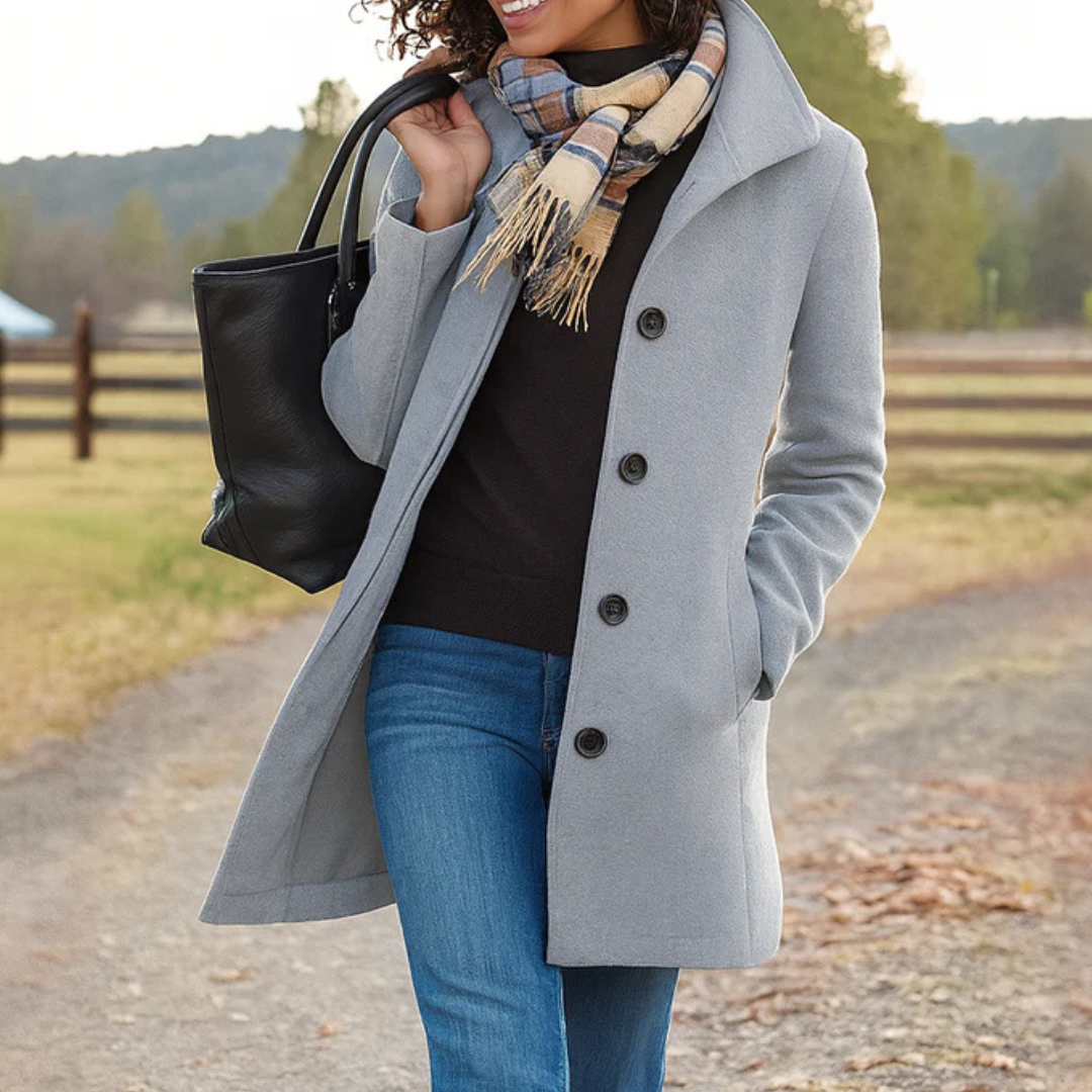 Elegant Wool Winter Coat for Women with Notch Collar Long Sleeve Button Front Tailored Style