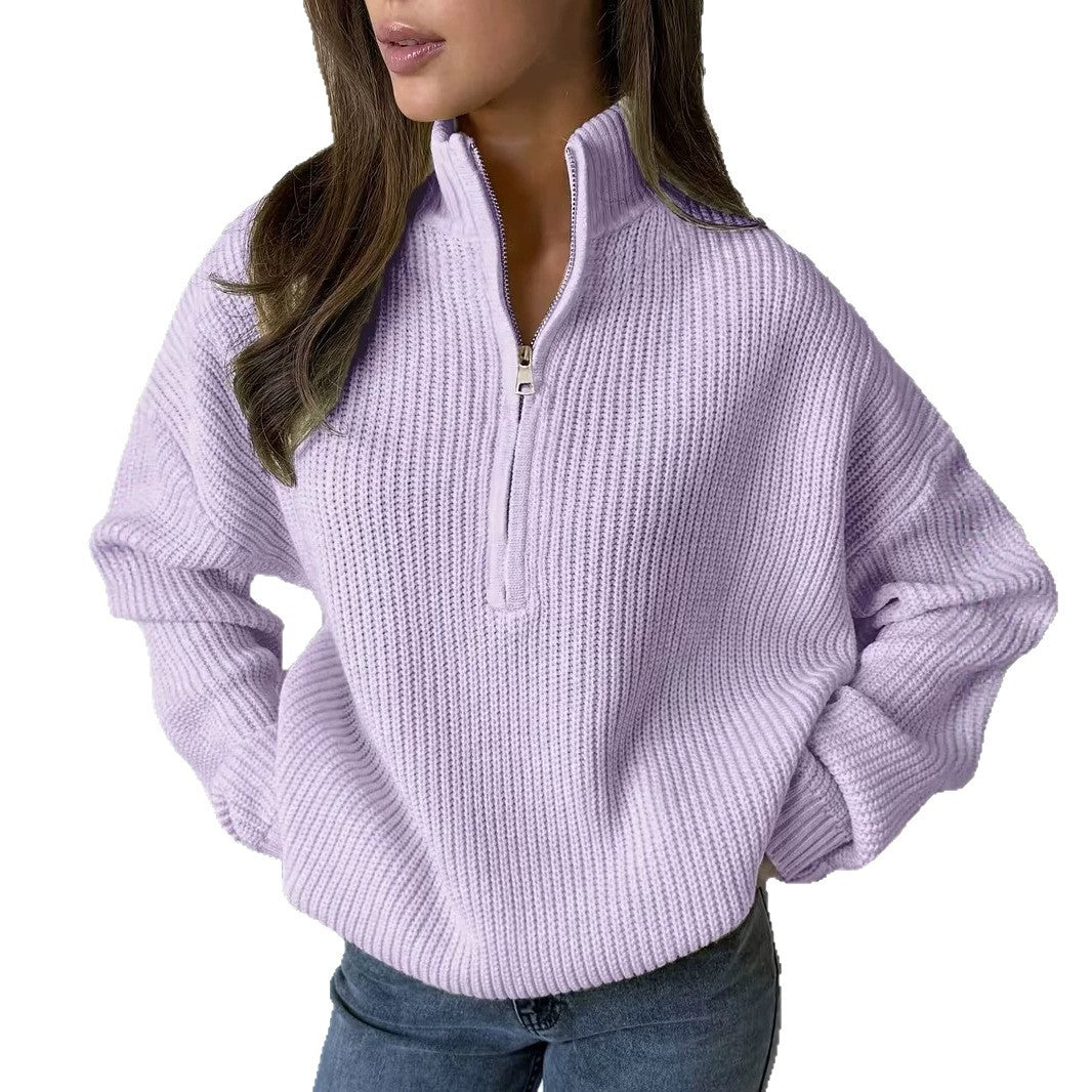Cozy Ribbed Quarter-Zip Knit Sweater for Women with Stand Collar Long Sleeve Drop Shoulder Pullover Style