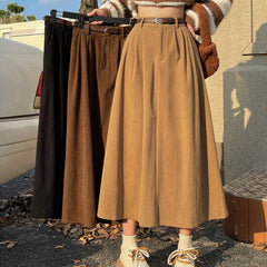 Elegant Belted Midi Skirt for Women with High Waist Pleated A Line Flowing Style