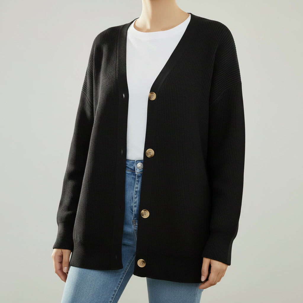 Cozy Knit Cardigan for Women with V Neck Long Sleeve Button Front Ribbed Longline Style