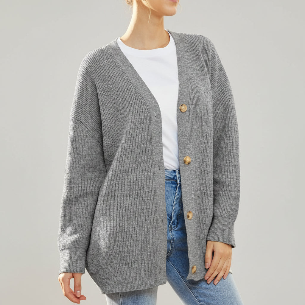 Cozy Knit Cardigan for Women with V Neck Long Sleeve Button Front Ribbed Longline Style