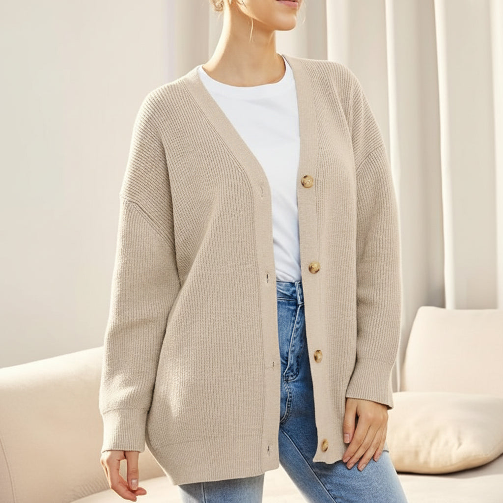 Cozy Knit Cardigan for Women with V Neck Long Sleeve Button Front Ribbed Longline Style