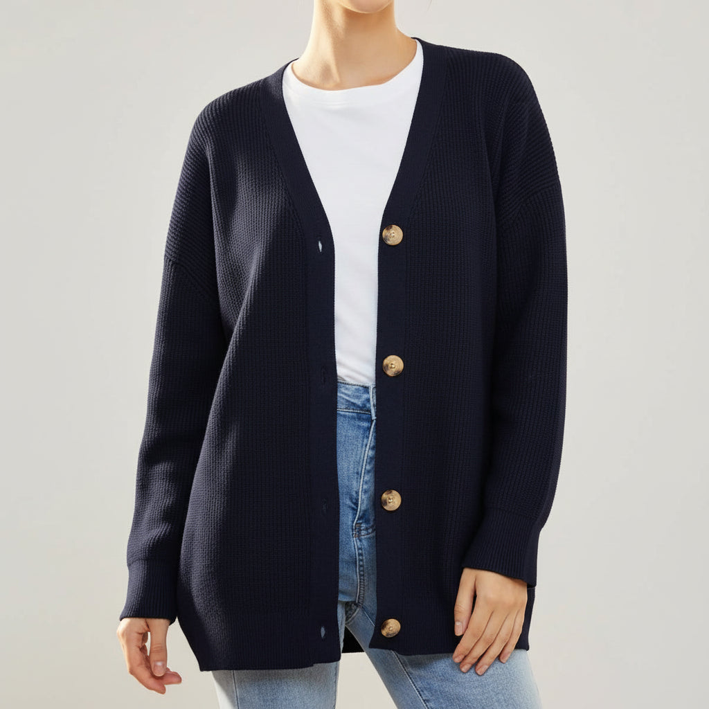 Cozy Knit Cardigan for Women with V Neck Long Sleeve Button Front Ribbed Longline Style