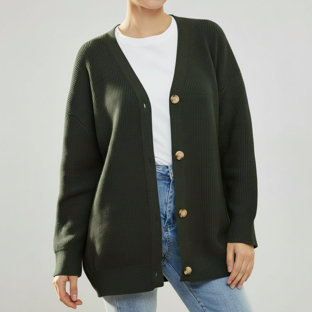 Cozy Knit Cardigan for Women with V Neck Long Sleeve Button Front Ribbed Longline Style