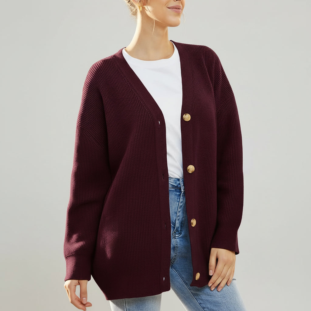 Cozy Knit Cardigan for Women with V Neck Long Sleeve Button Front Ribbed Longline Style