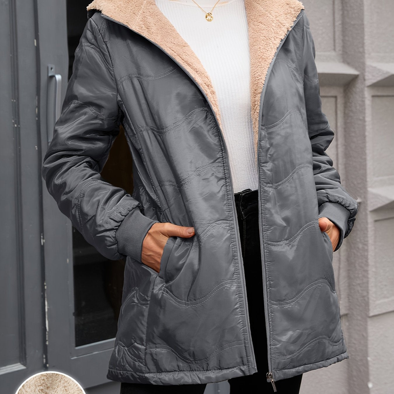 Comfortable Sherpa Lined Quilted Jacket for Women with Hooded Long Sleeve Zip Front Relaxed Style
