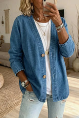 Effortless Washed Denim Cardigan for Women with Open Front Long Sleeve Button Relaxed Style