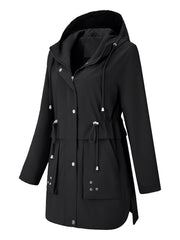 Sleek Hooded Rainwear Jacket for Women with Drawstring Waist Zip Front Windbreaker Outdoor Style