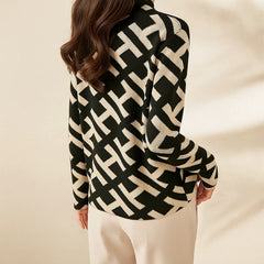 Elegant Mock Neck Sweater for Women with Long Sleeve Geometric Print Knit Relaxed Style