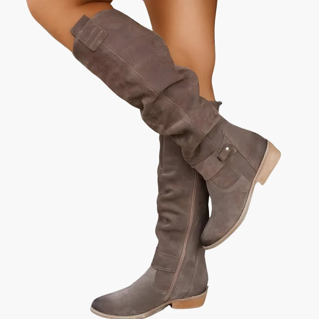 Chic Suede Knee High Boots for Women with Slouchy Shaft Side Zip Buckle Detail Casual Style