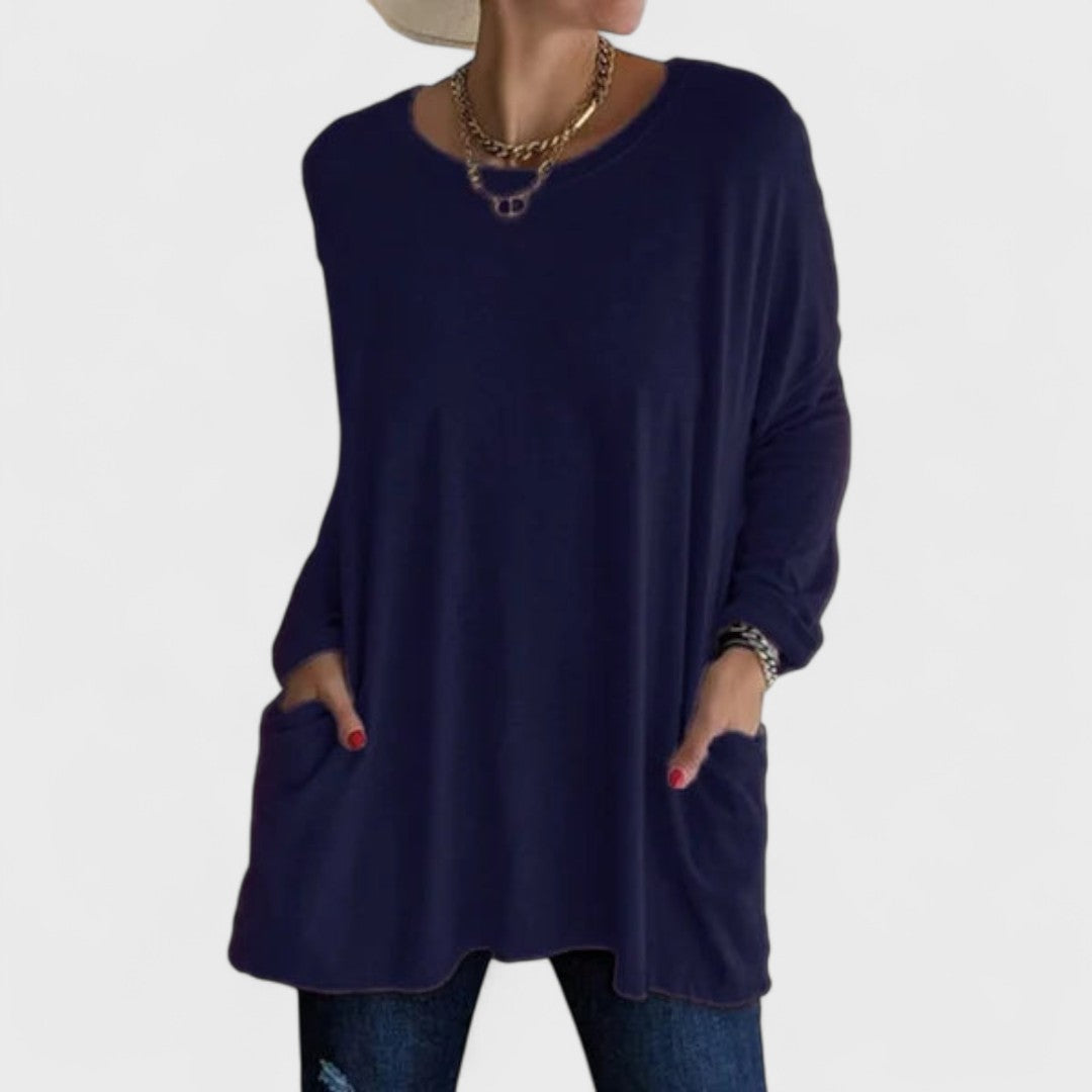 Comfortable Oversized Tunic for Women with Round Neck Long Sleeve Relaxed Pocket Casual Style