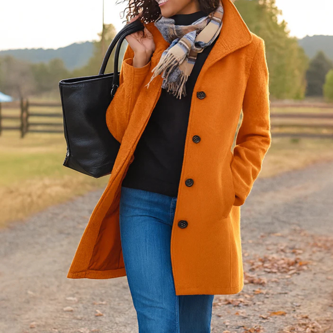 Elegant Wool Winter Coat for Women with Notch Collar Long Sleeve Button Front Tailored Style
