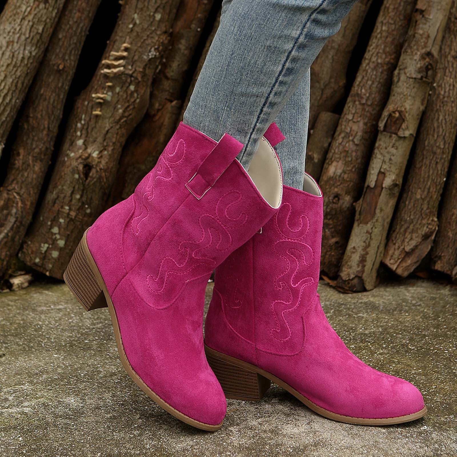 Stylish Suede Cowboy Boots for Women with Embroidered Pointed Toe Block Heel Western Style