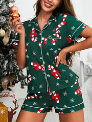 Cozy Candy Cane Print Christmas Holiday Pajamas for Women with Notch Collar Short Sleeve Two Piece Style