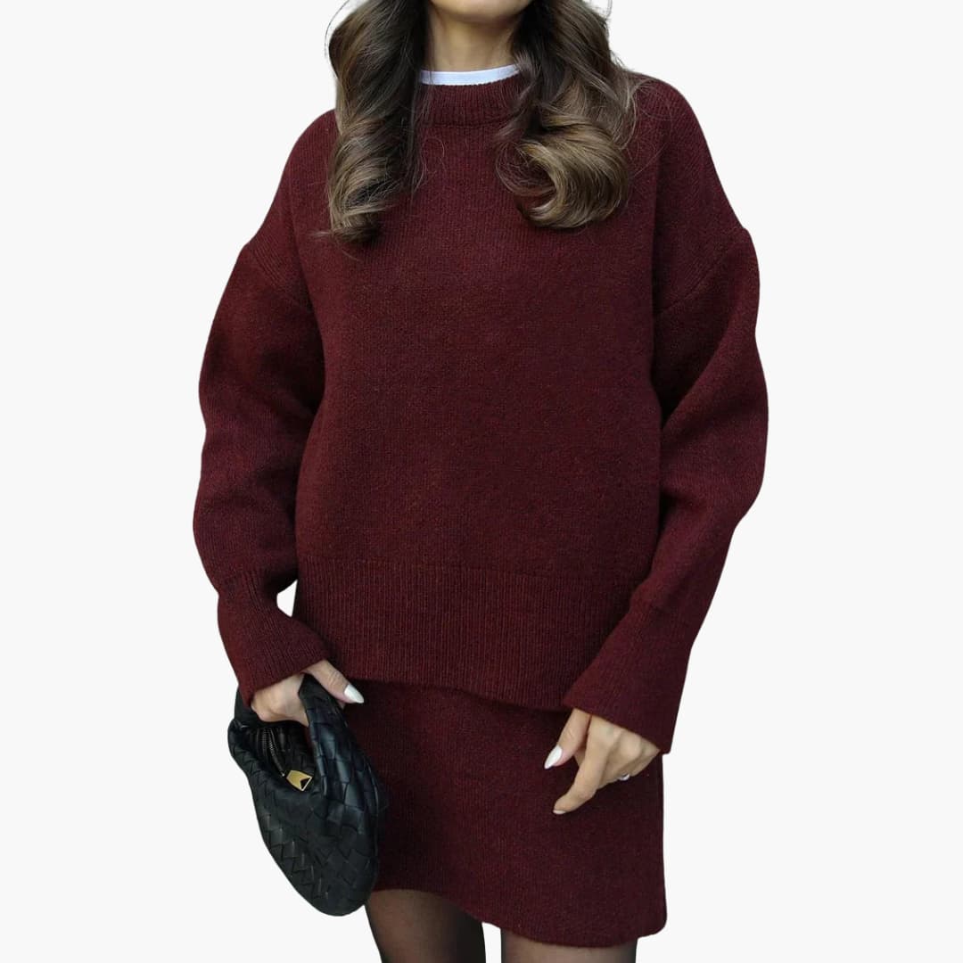 Chic Black Knit Two Piece Set for Women with Crew Neck Sweater High Waist Mini Skirt Lounge Style