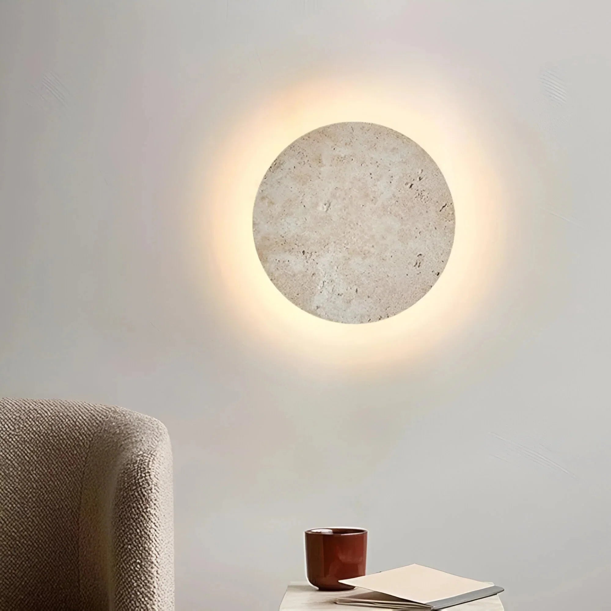Stone Wall Lamp Round Travertine Backlit LED Minimalist Indoor Sconce Wall Light