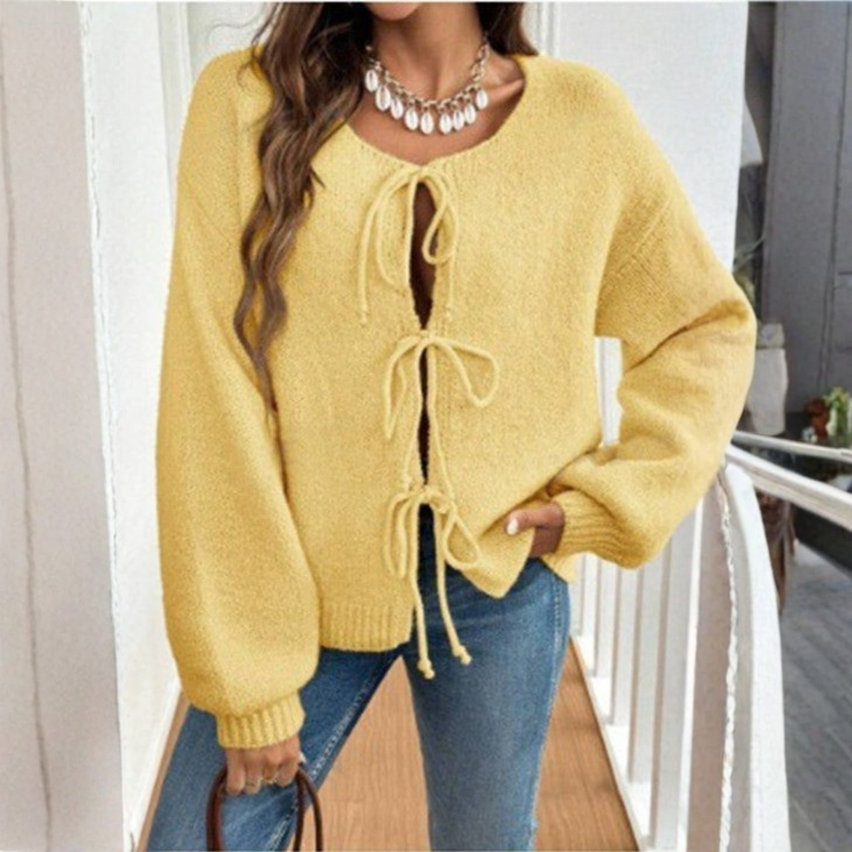 Cozy Knit Cardigan for Women with Round Neck Long Sleeve Tie Front Relaxed Style