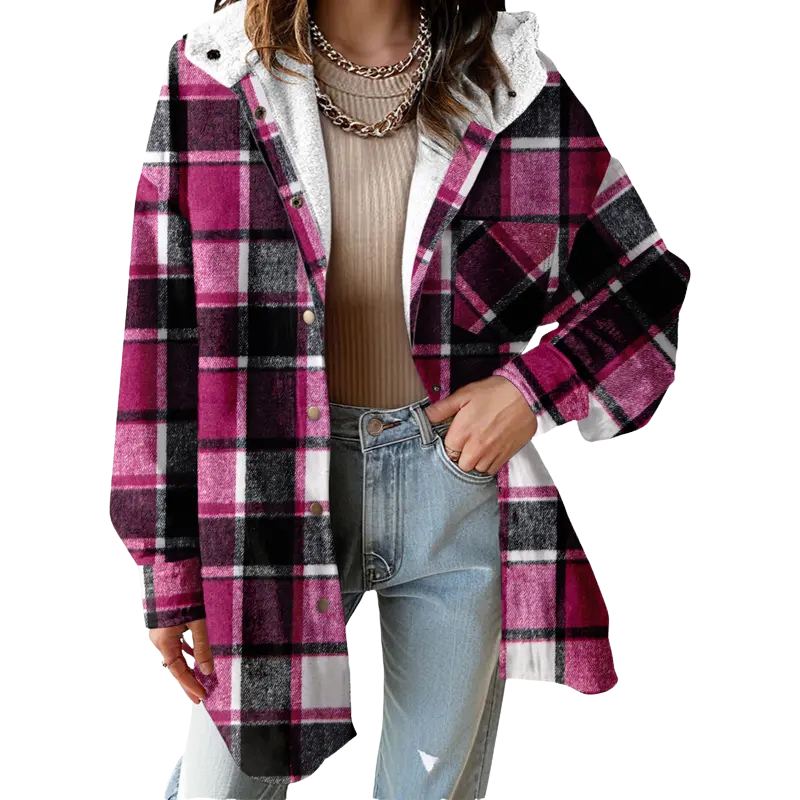 Cozy Plaid Shacket for Women with Hooded Collar Long Sleeve Flannel Button Front Oversized Style