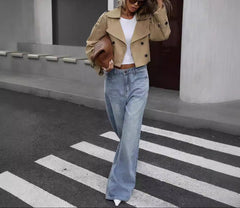 Effortless Khaki Cropped Trench Coat Jacket for Women with Notched Lapel Long Sleeve Double Breasted Style