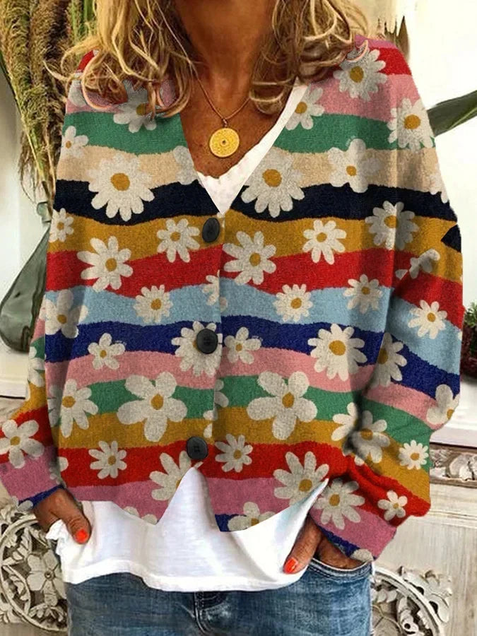 Cozy Floral Knit Cardigan for Women with V Neck Long Sleeve Striped Button Front Style