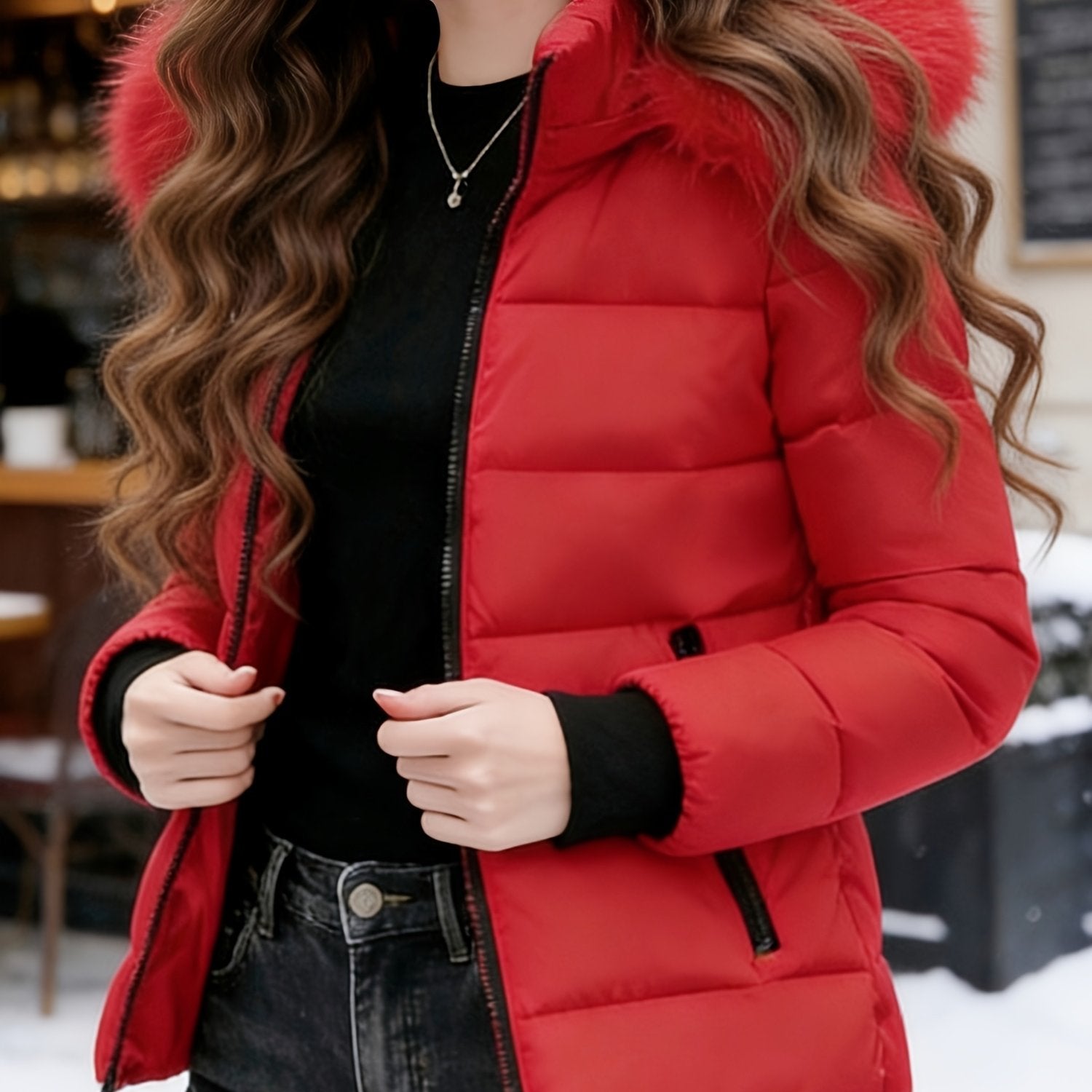 Cozy Red Puffer Ski Jacket for Women with Faux Fur Hood Long Sleeve Zip Front Quilted Style