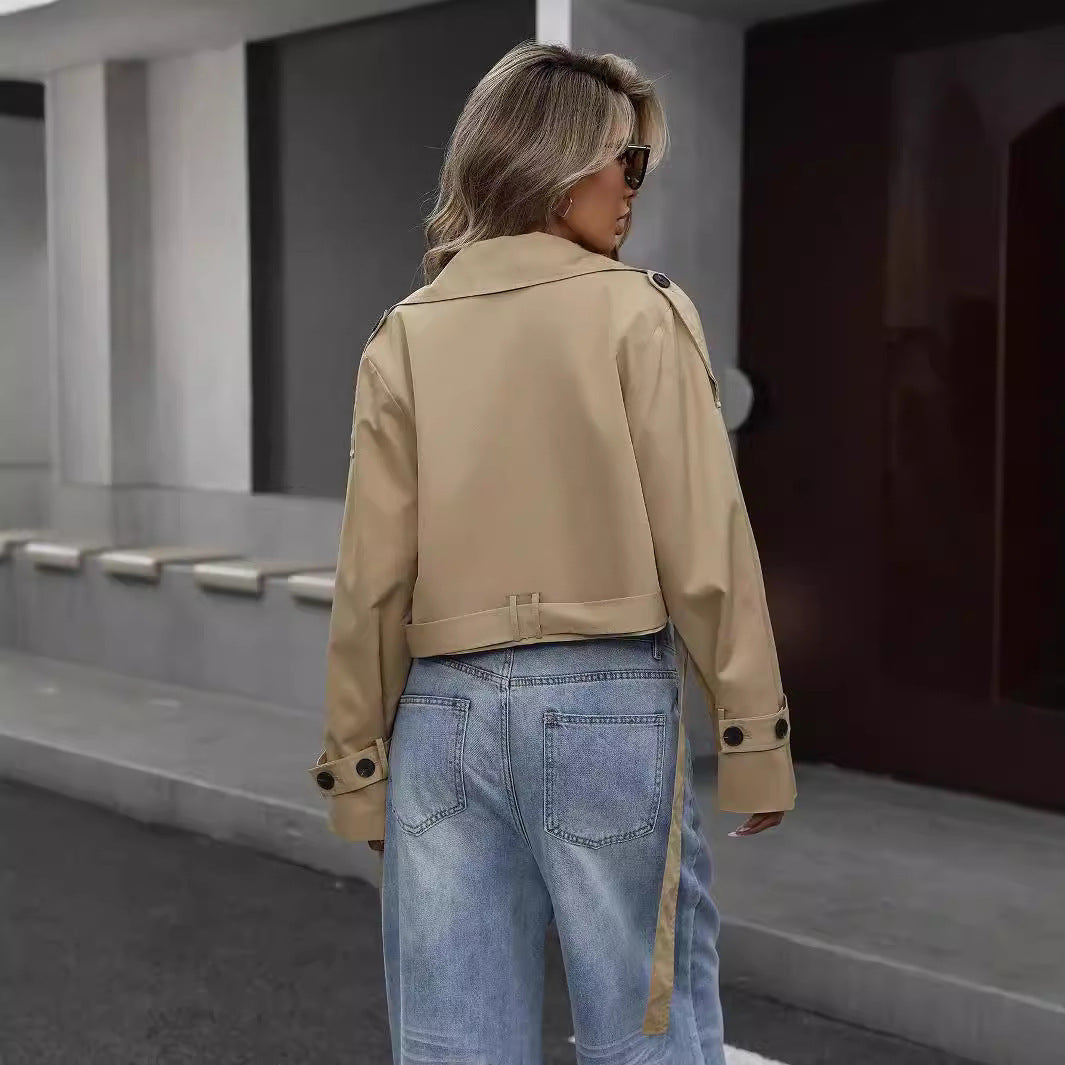 Effortless Khaki Cropped Trench Coat Jacket for Women with Notched Lapel Long Sleeve Double Breasted Style
