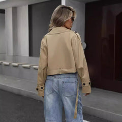 Effortless Khaki Cropped Trench Coat Jacket for Women with Notched Lapel Long Sleeve Double Breasted Style