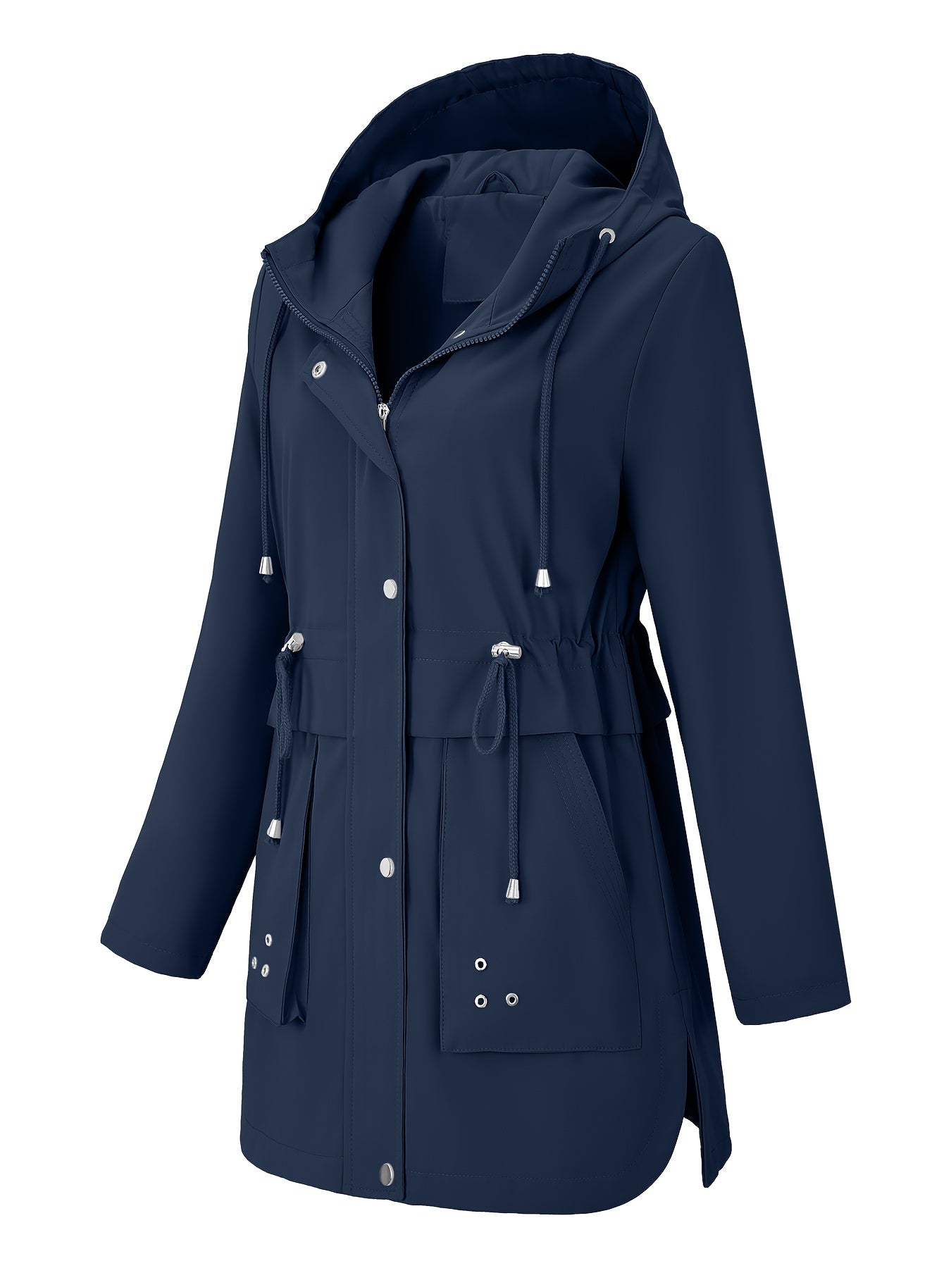 Sleek Hooded Rainwear Jacket for Women with Drawstring Waist Zip Front Windbreaker Outdoor Style