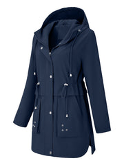 Sleek Hooded Rainwear Jacket for Women with Drawstring Waist Zip Front Windbreaker Outdoor Style