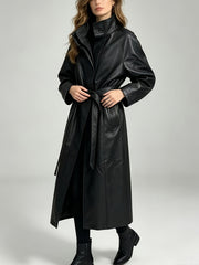 Effortless Black Faux Leather Trench Coat for Women with Stand Collar Long Sleeve Tie Belt Relaxed Style