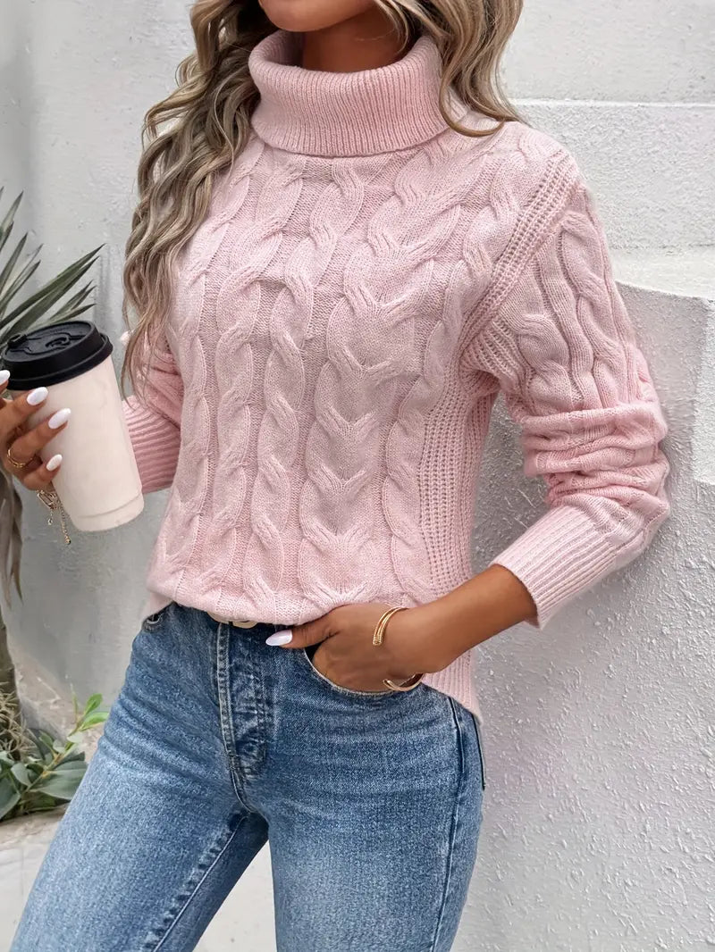 Cozy Cable Knit Sweater for Women with Turtleneck Long Sleeve Ribbed Relaxed Pullover Style